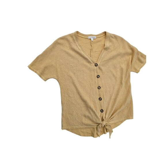 Nine Britton Womens Yellow Waffle Knit Button-Up Short Sleeve Top With Tie Front - Picture 1 of 5